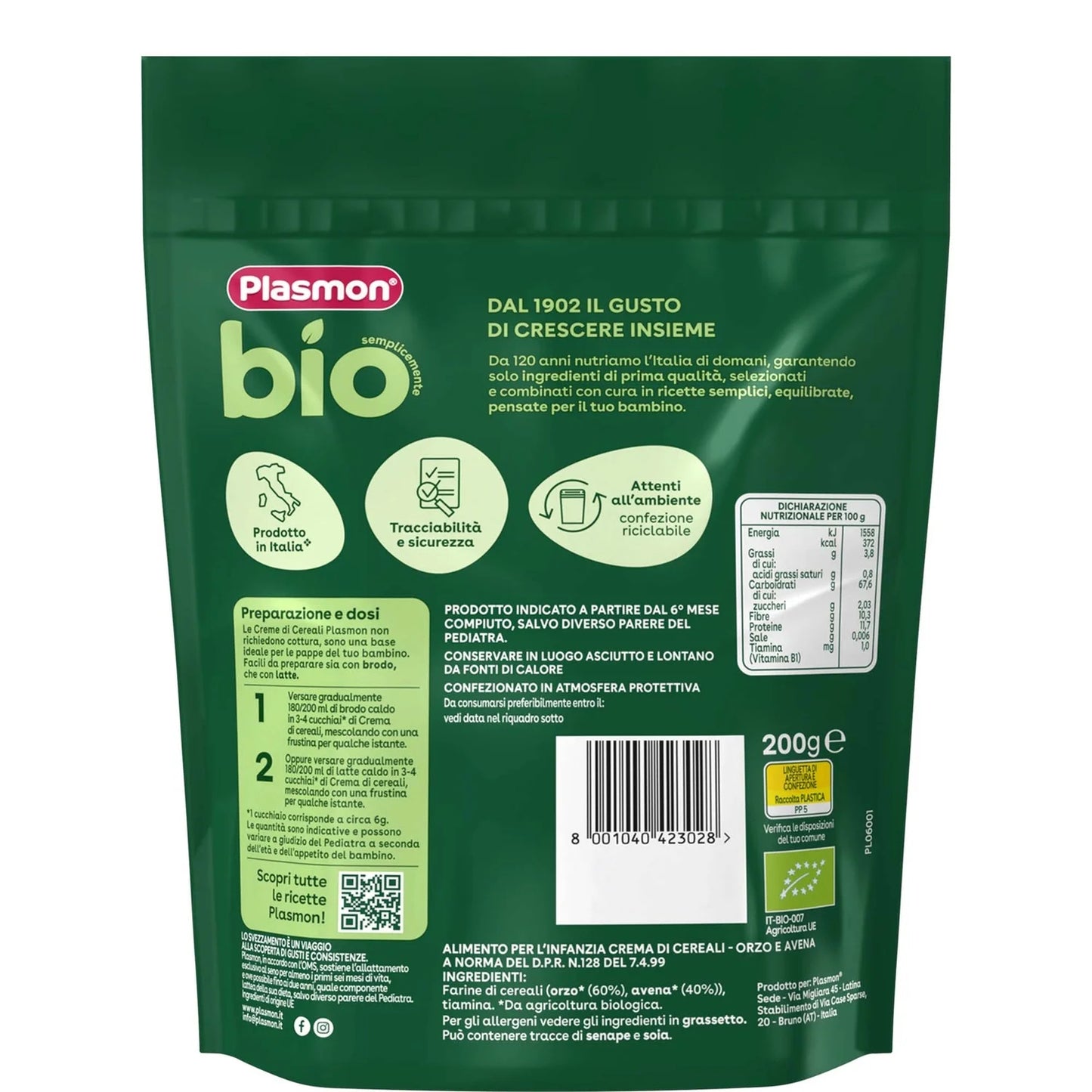 Plasmon - BIO Crema Avena Orzo: Confezione 200 gr