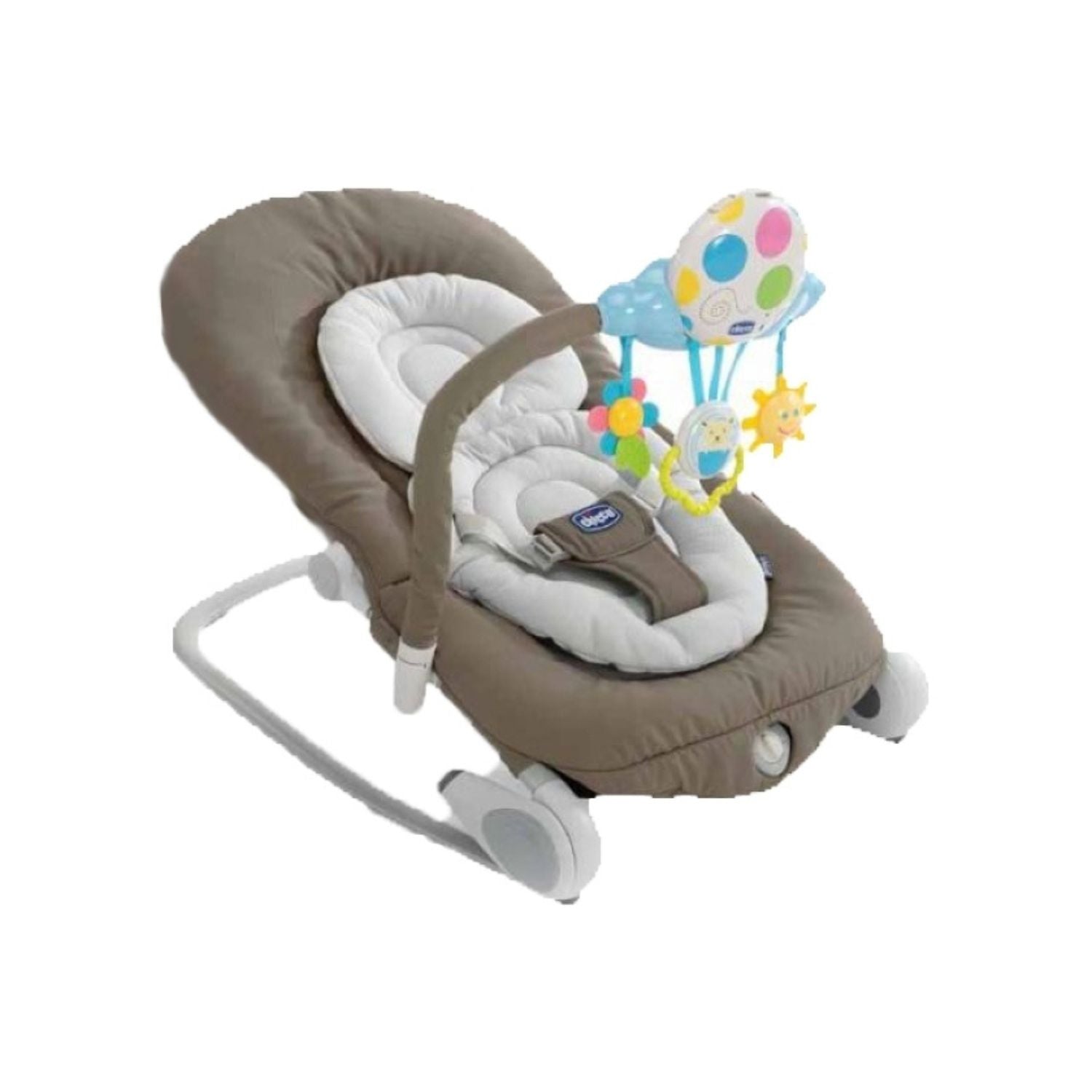 A brown and white baby bouncer with a hanging mobile featuring a hot air balloon, sun, and flower toys.