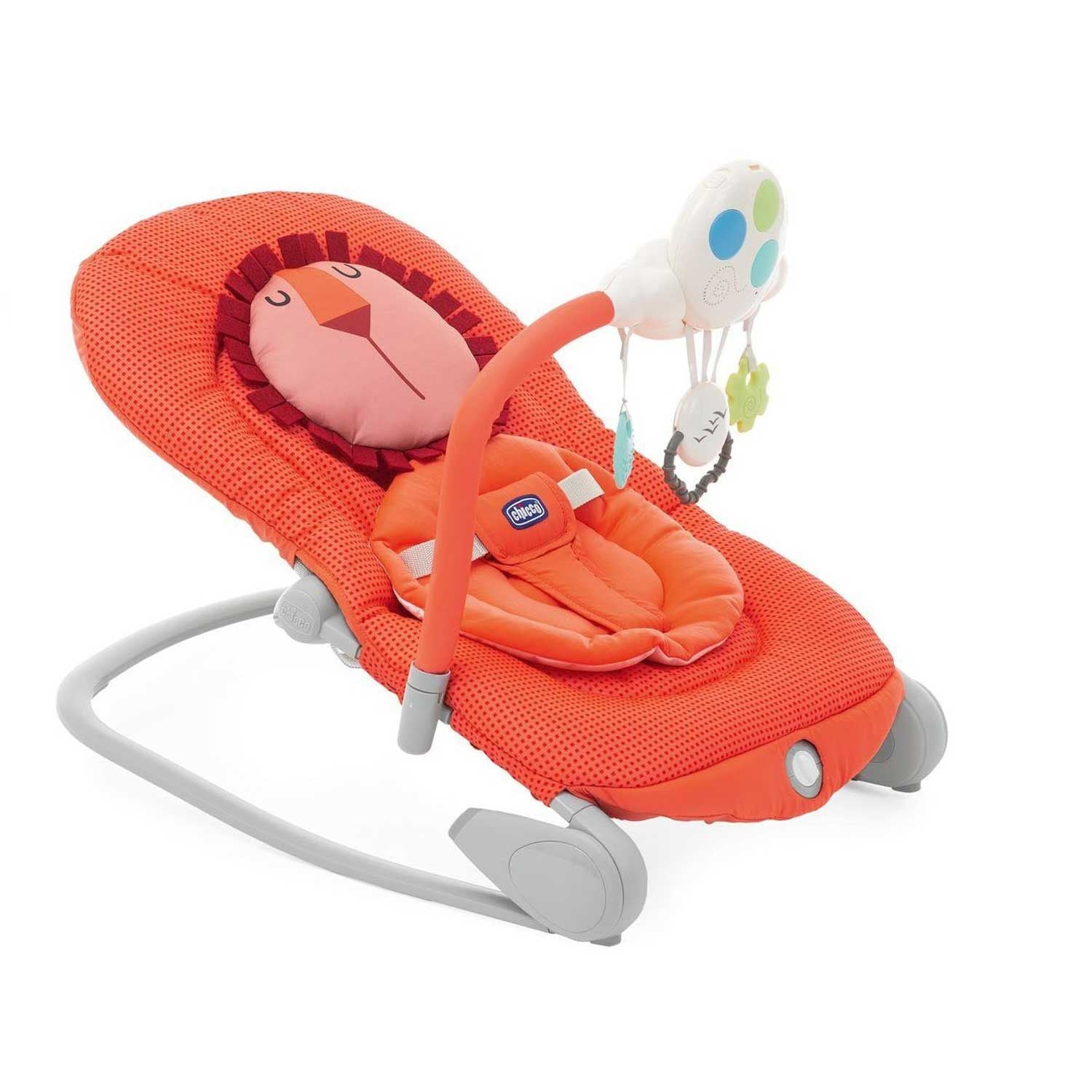 An orange baby bouncer with a playful lion design sits ready for use. The bouncer features a toy bar with hanging toys for entertainment.