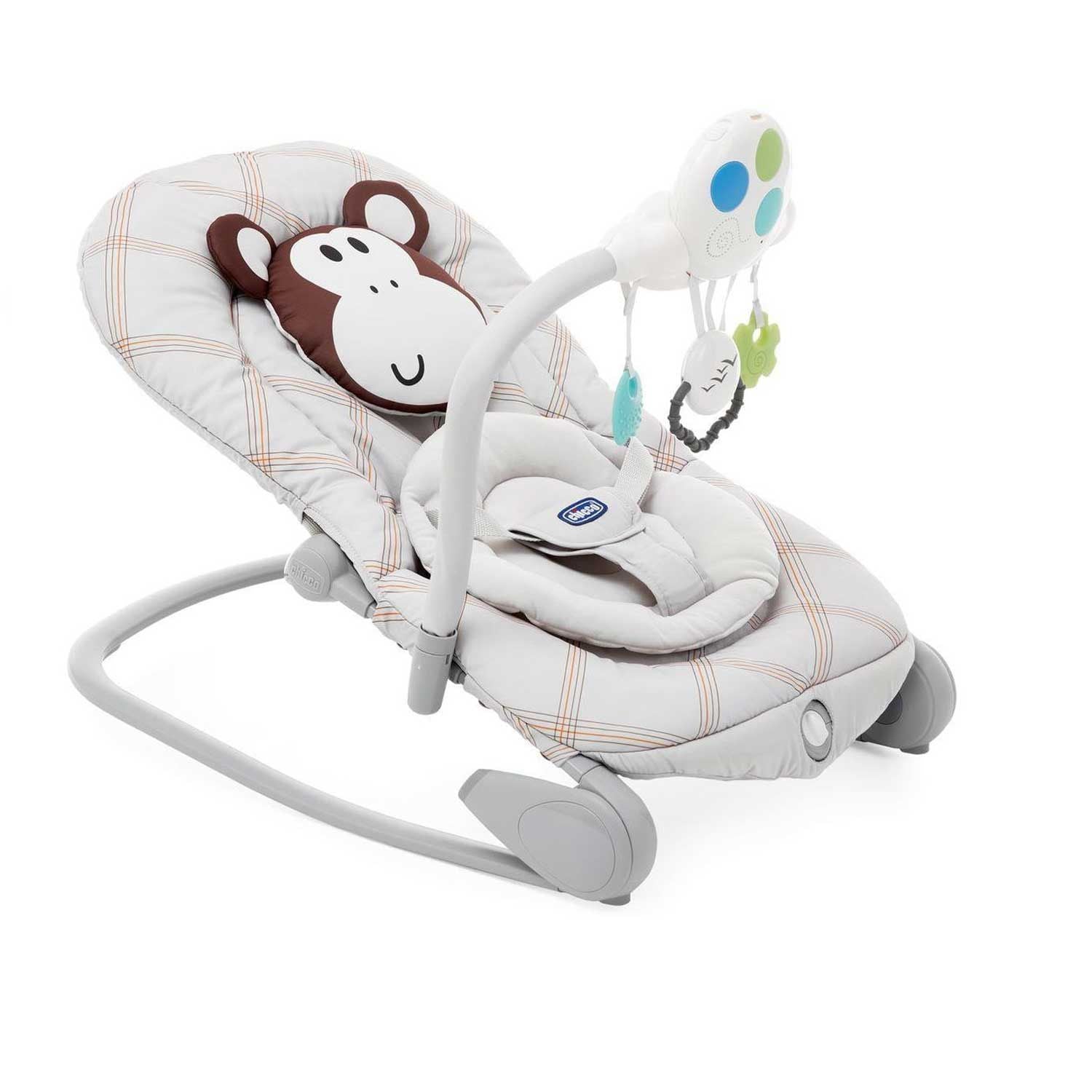 Chicco baby bouncer features a playful monkey headrest and a detachable toy bar with colorful hanging toys.