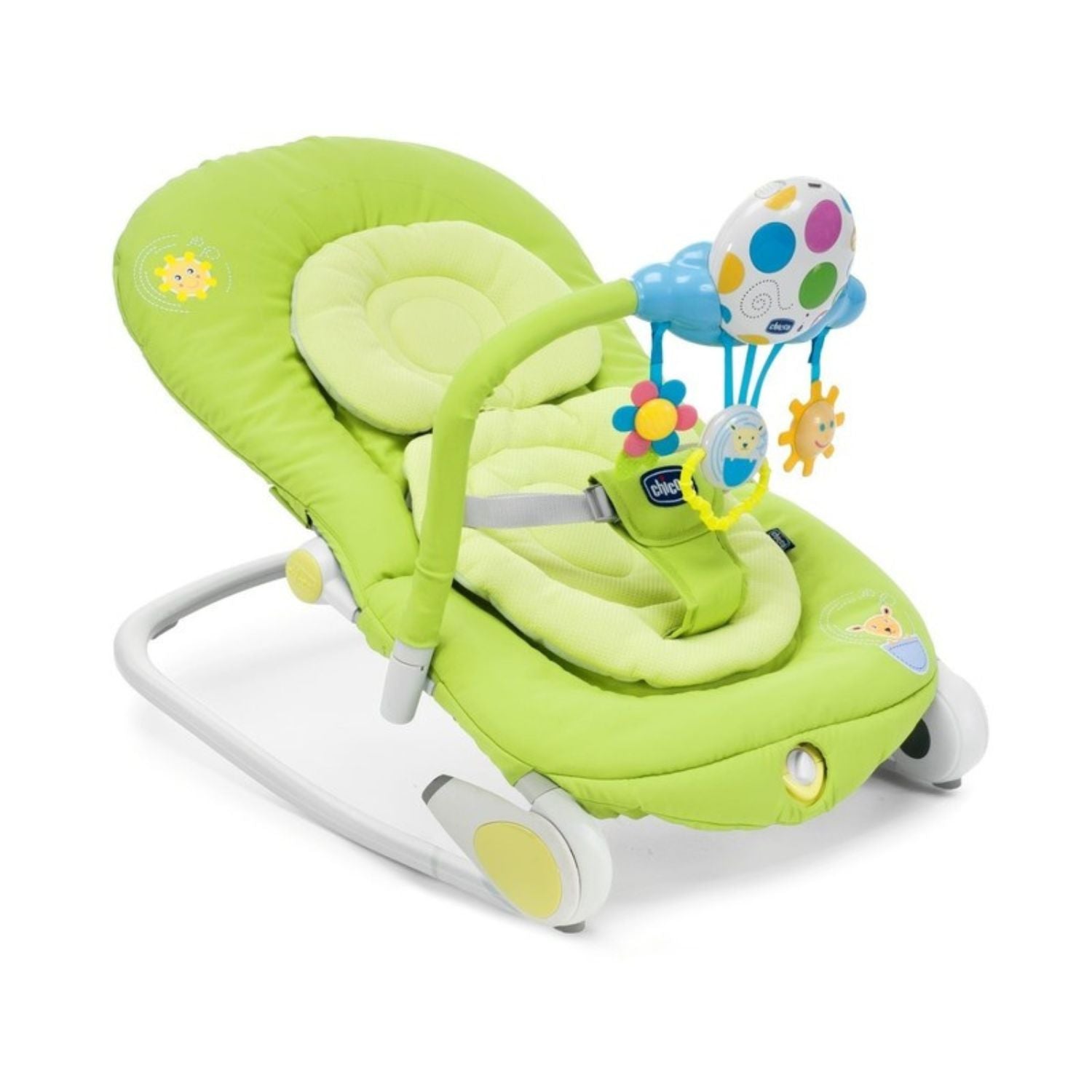 Green baby bouncer with adjustable backrest and hanging toys.