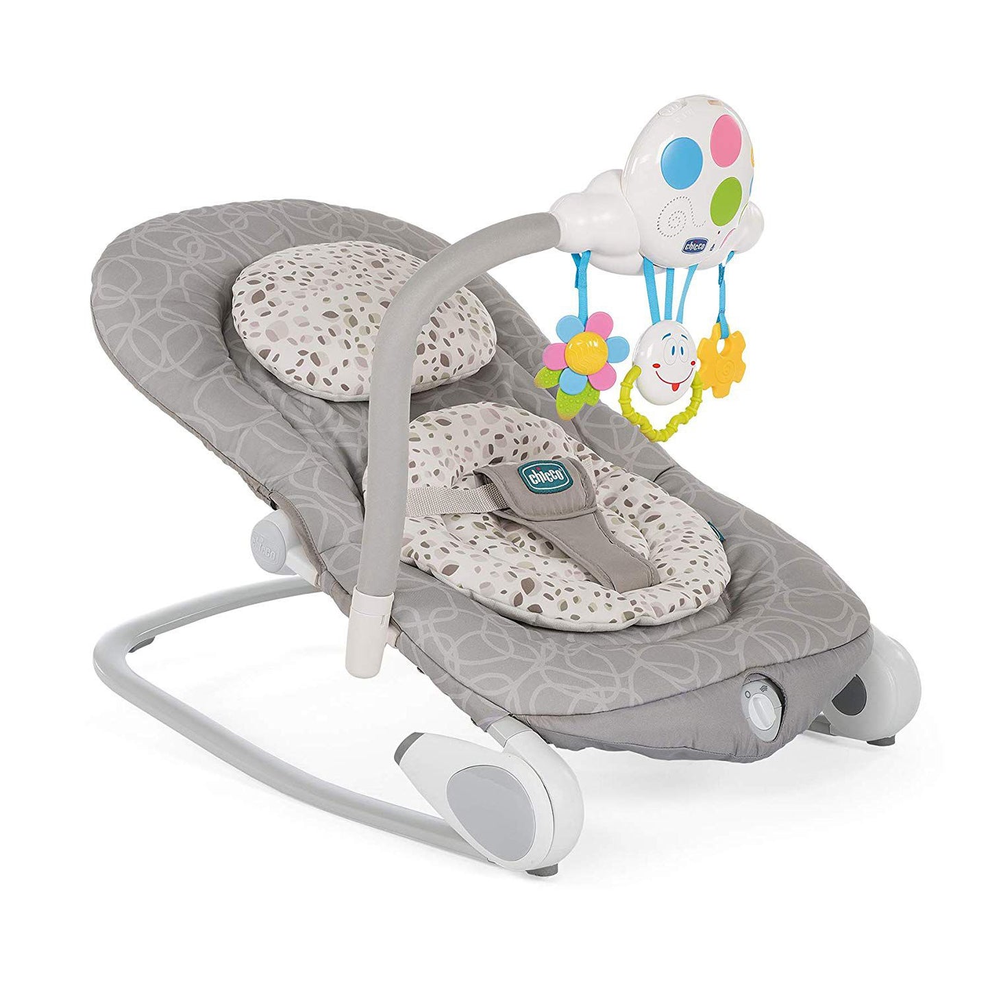 Chicco Hoopla Baby Bouncer with floral pattern and overhead mobile featuring a friendly cloud and colorful toys.