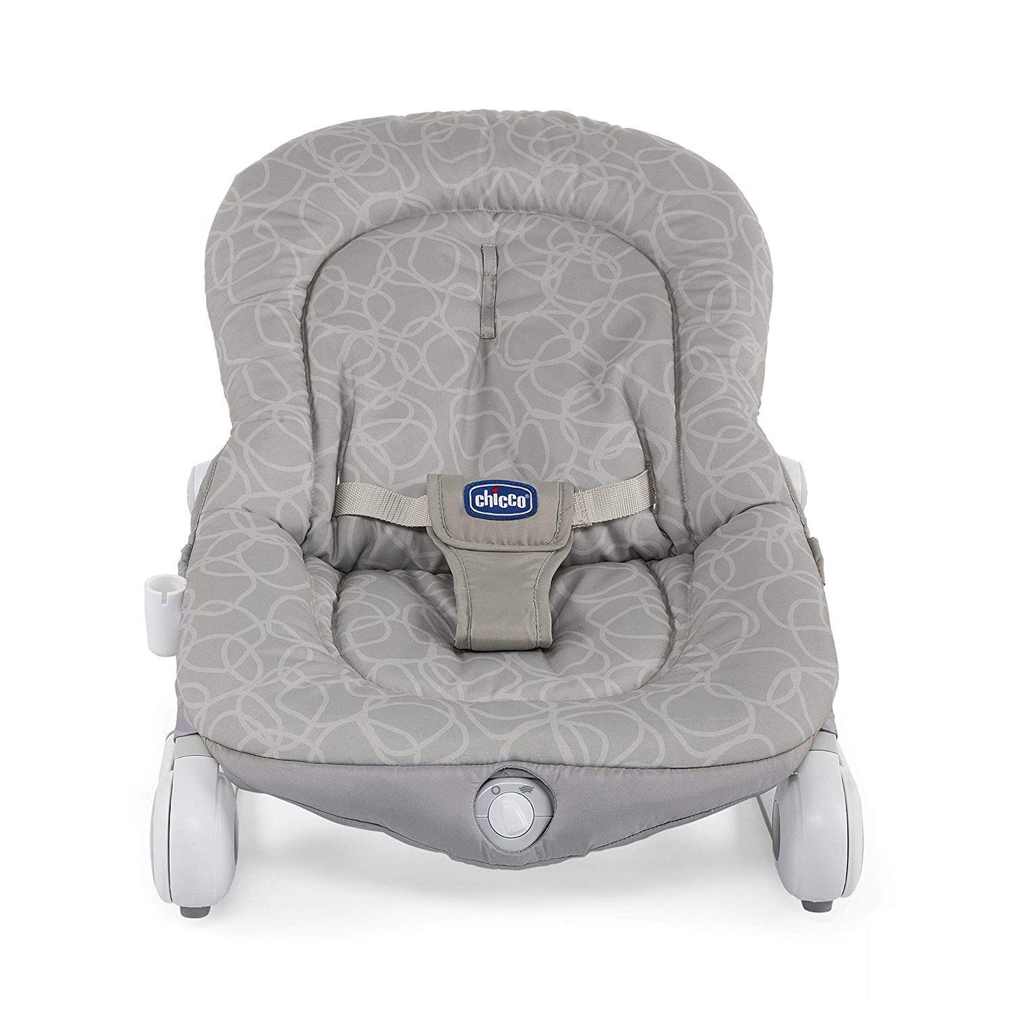 Chicco baby bouncer with grey abstract pattern, safety harness, and adjustable recline positions.