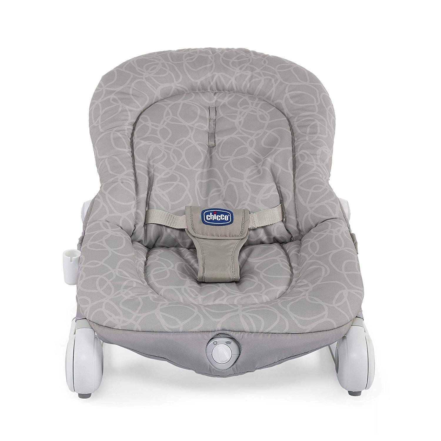 Chicco baby bouncer with grey abstract pattern, safety harness, and adjustable recline positions.