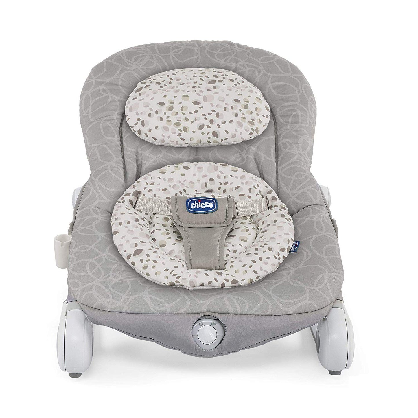 Chicco baby bouncer in grey with a beige and white patterned seat pad and headrest.