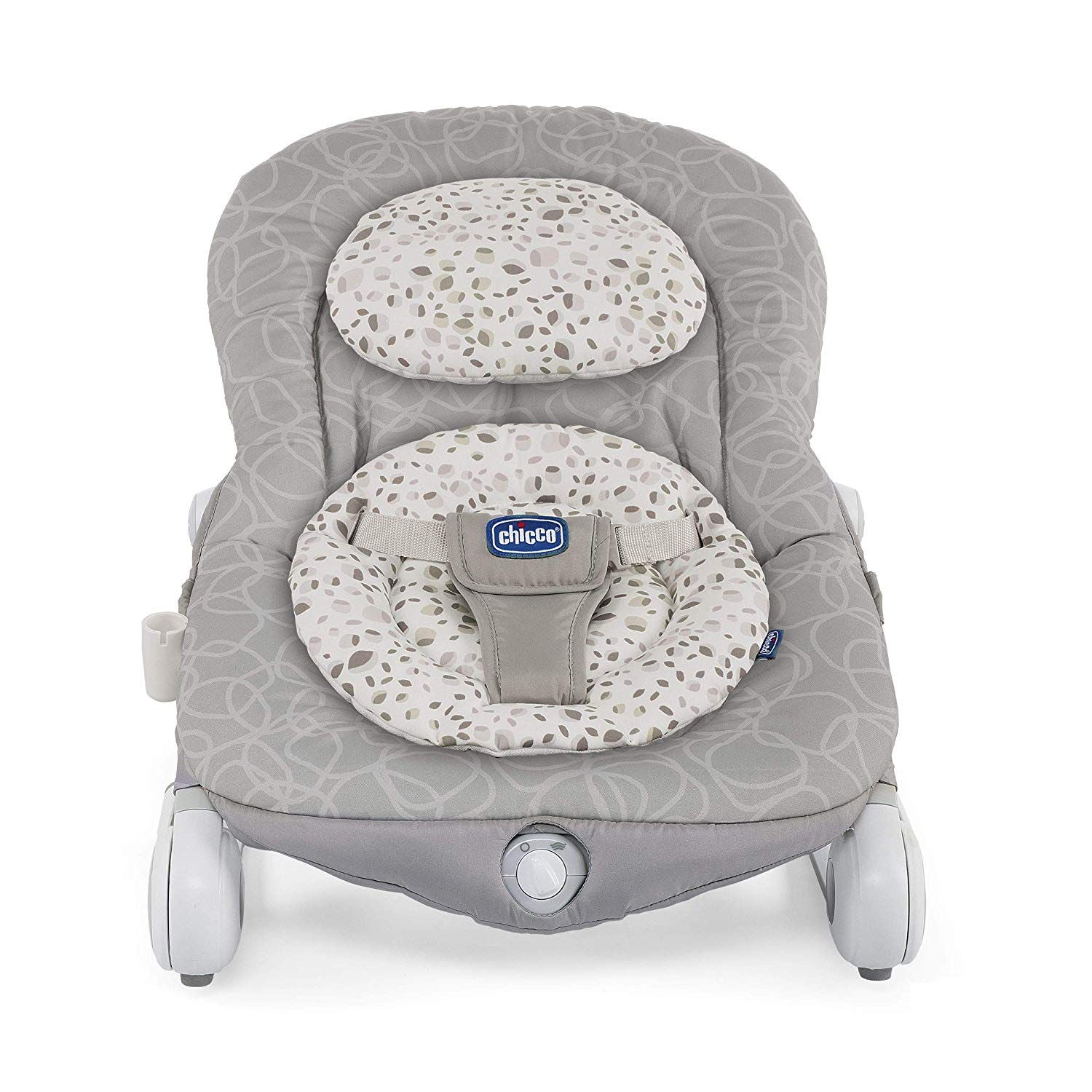Chicco baby bouncer in grey with a beige and white patterned seat pad and headrest.