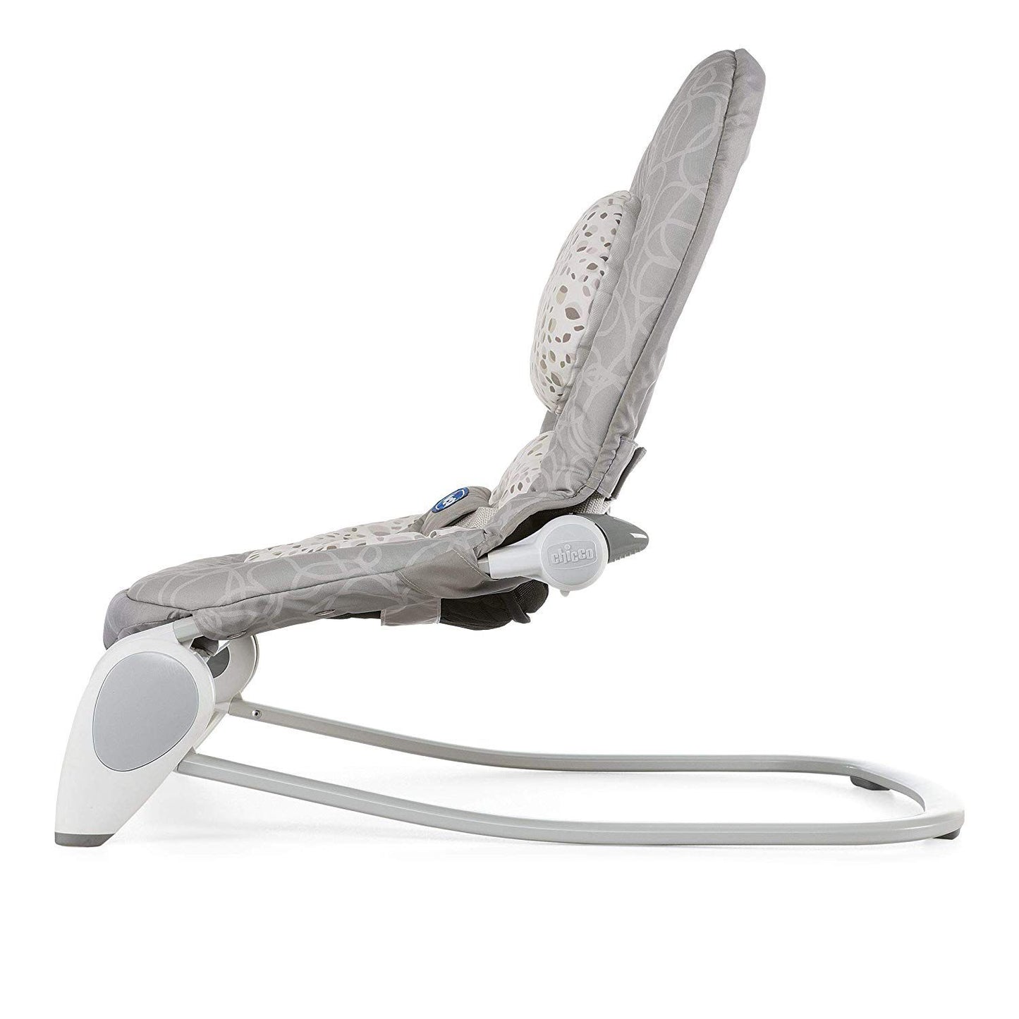 Gray and white baby bouncer with adjustable backrest rocks gently on a white background.