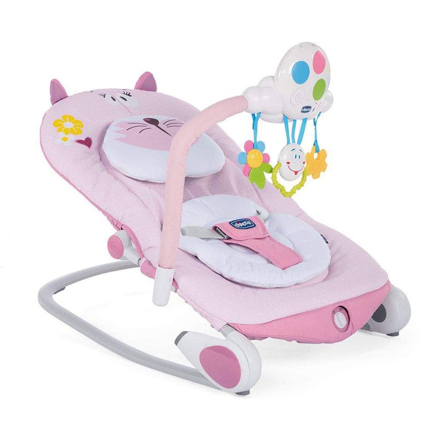 Pink baby bouncer with cat-ear design, rocking base, and overhead mobile featuring a smiling cloud and colorful toys.