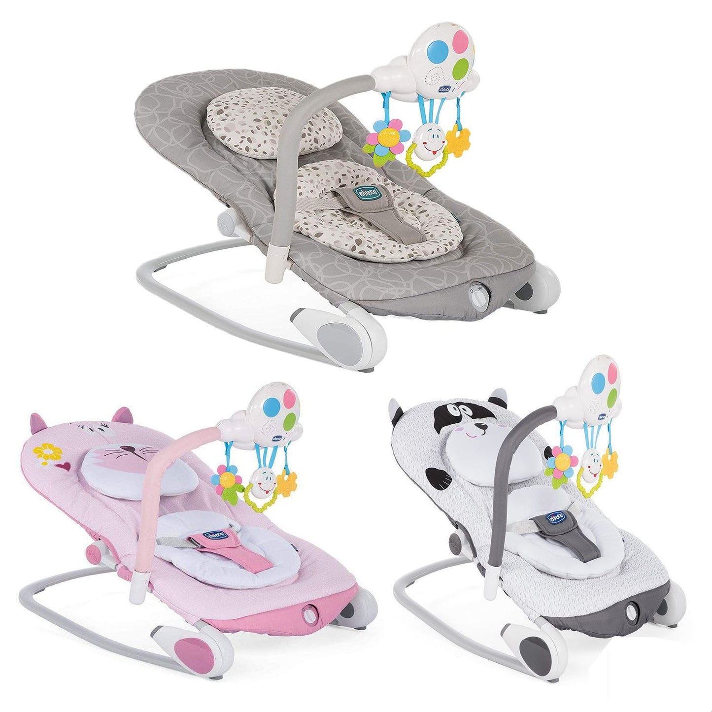 Three baby bouncers by Chicco, featuring a grey doodle print, pink cat design, and grey raccoon pattern. Each bouncer includes a detachable toy bar with hanging plush toys.