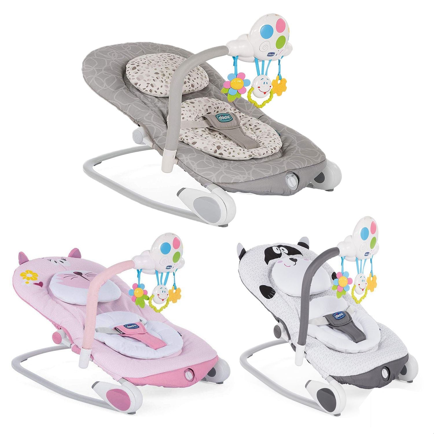 Three baby bouncers by Chicco, featuring a grey doodle print, pink cat design, and grey raccoon pattern. Each bouncer includes a detachable toy bar with hanging plush toys.