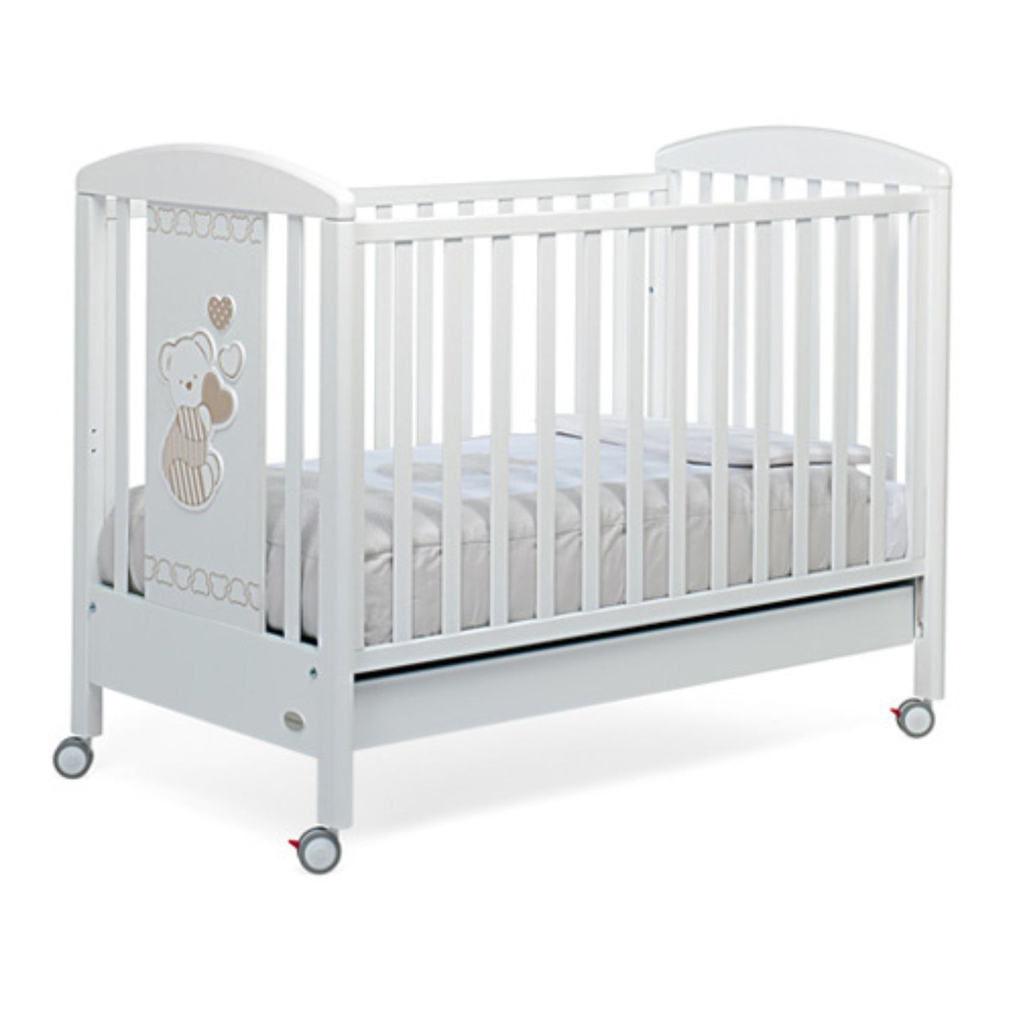 White wooden crib with teddy bear design, adjustable mattress height, and rolling wheels for easy mobility.