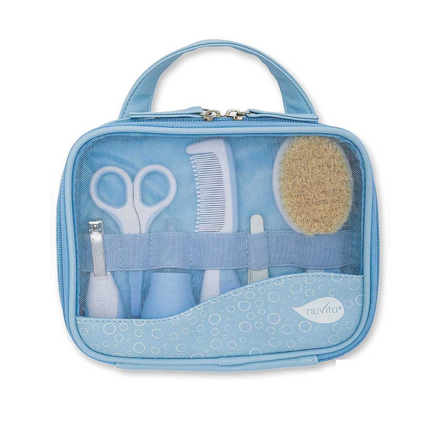 Blue Nuvita baby grooming kit with visible comb, brush, scissors, and nail care tools inside.