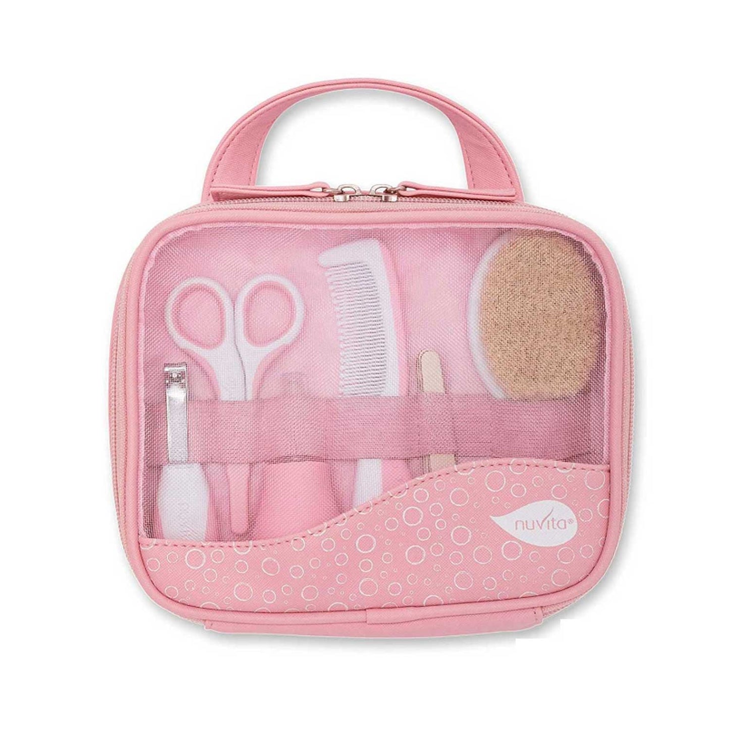 Pink Nuvita baby grooming kit displays nail clippers, comb, brush, and other tools inside a transparent travel case.