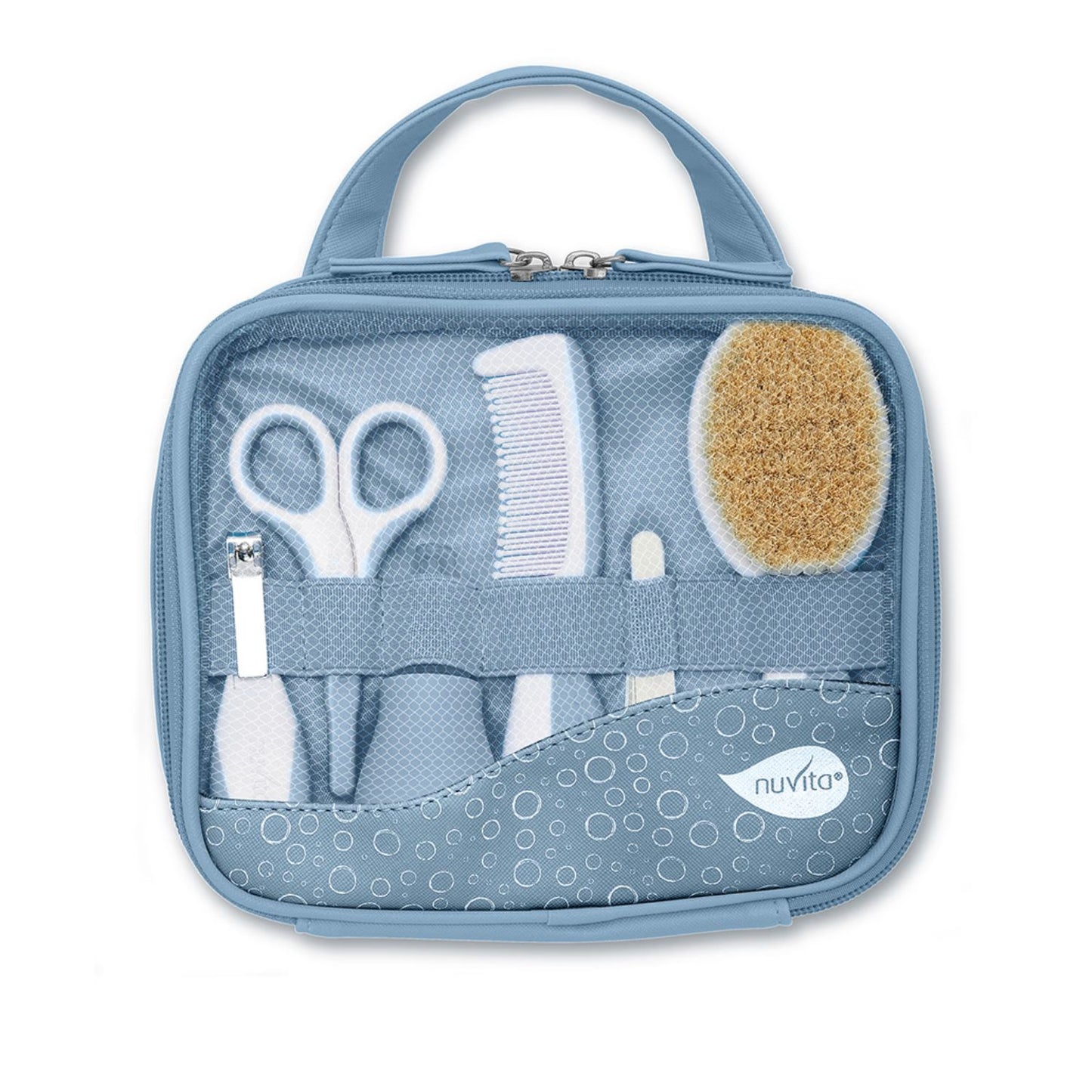 Open blue baby grooming kit displays soft-bristled brush, comb, scissors, nail clippers, and other tools for infant care.