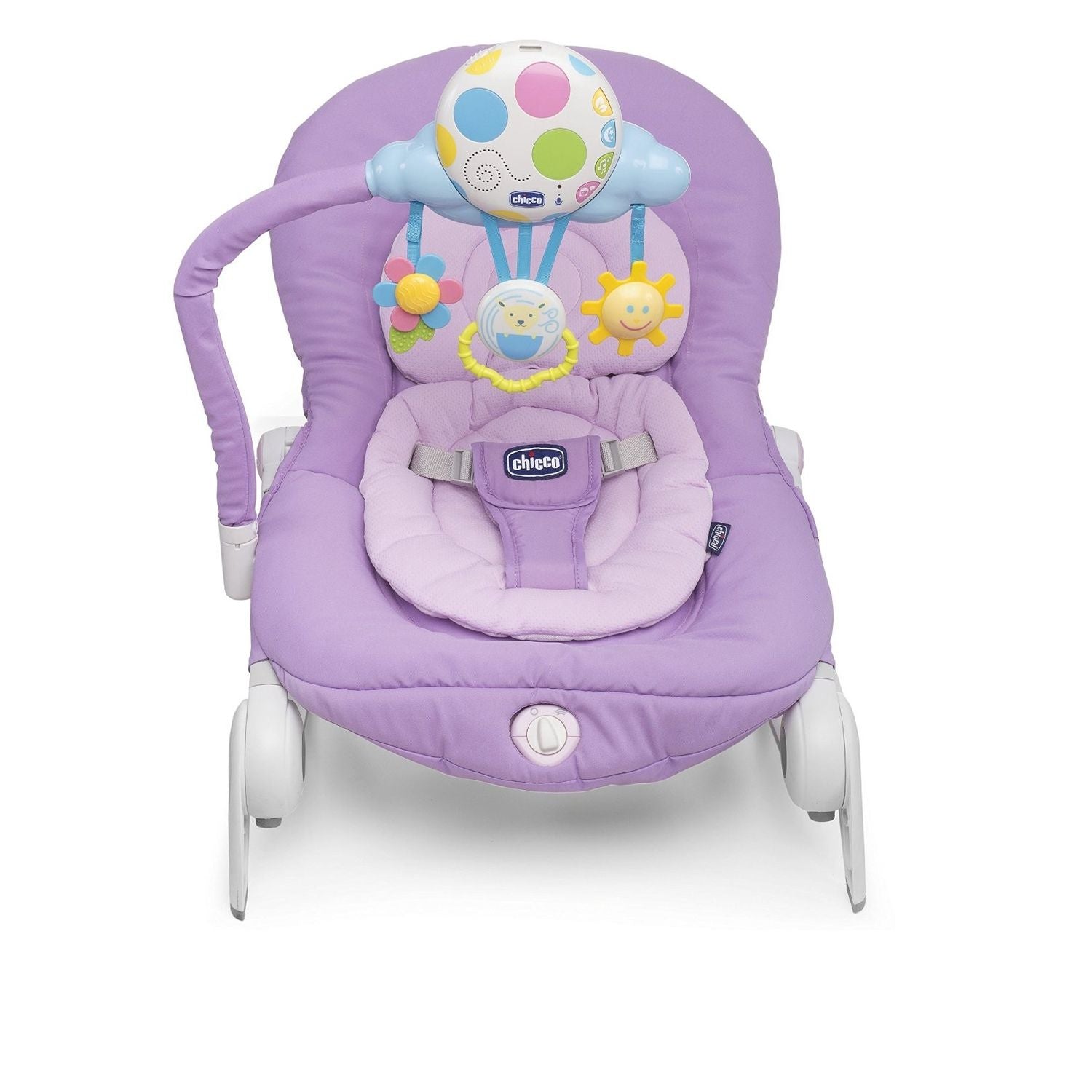 A purple Chicco baby bouncer with a colorful overhead toy bar featuring a sun, cloud, and flower.