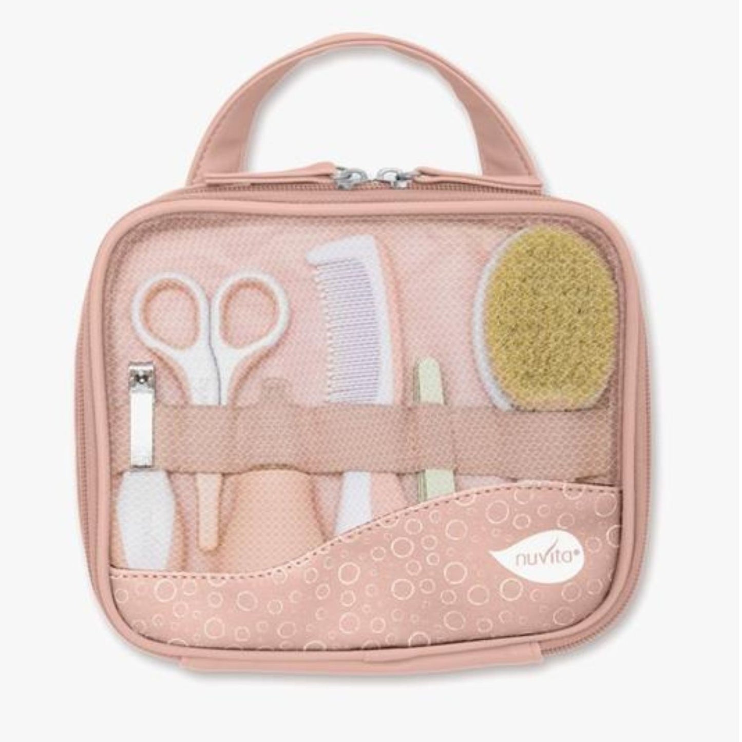 Open pink baby grooming kit displaying comb, brush, scissors, nail clippers, and other tools for infant care.