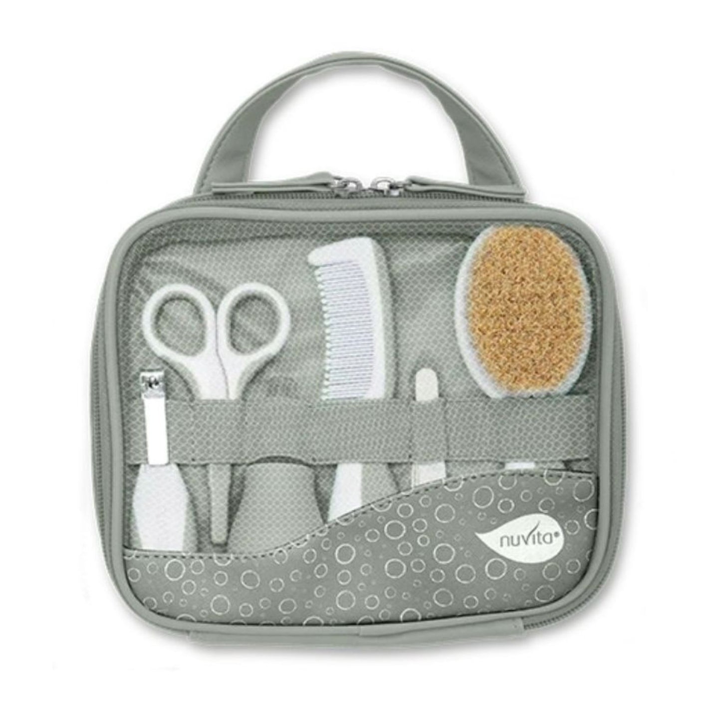 Gray Nuvita baby grooming kit displays comb, brush, scissors, and clippers through mesh front pocket.