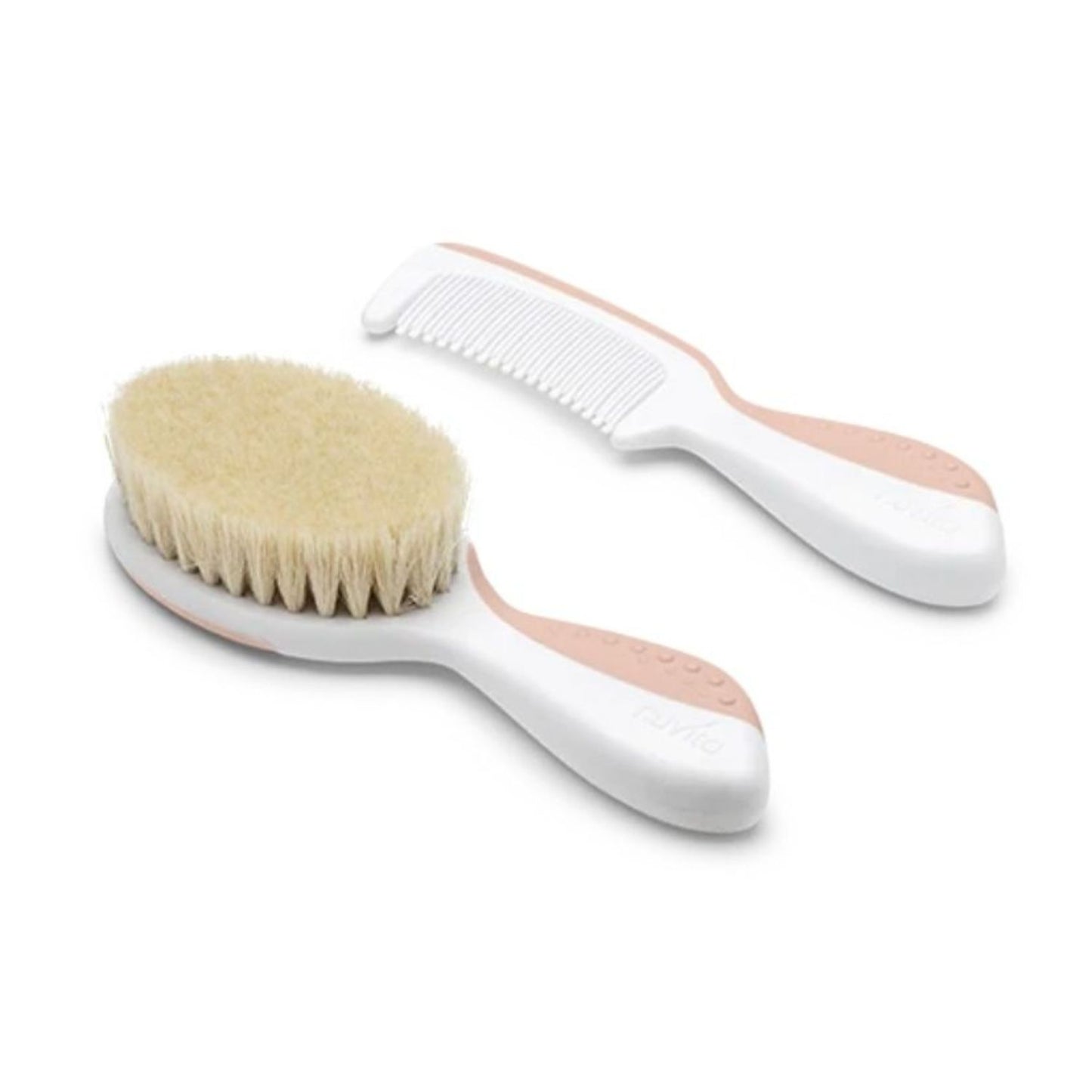 White and pink baby brush and comb set with soft, natural bristles for gentle grooming.
