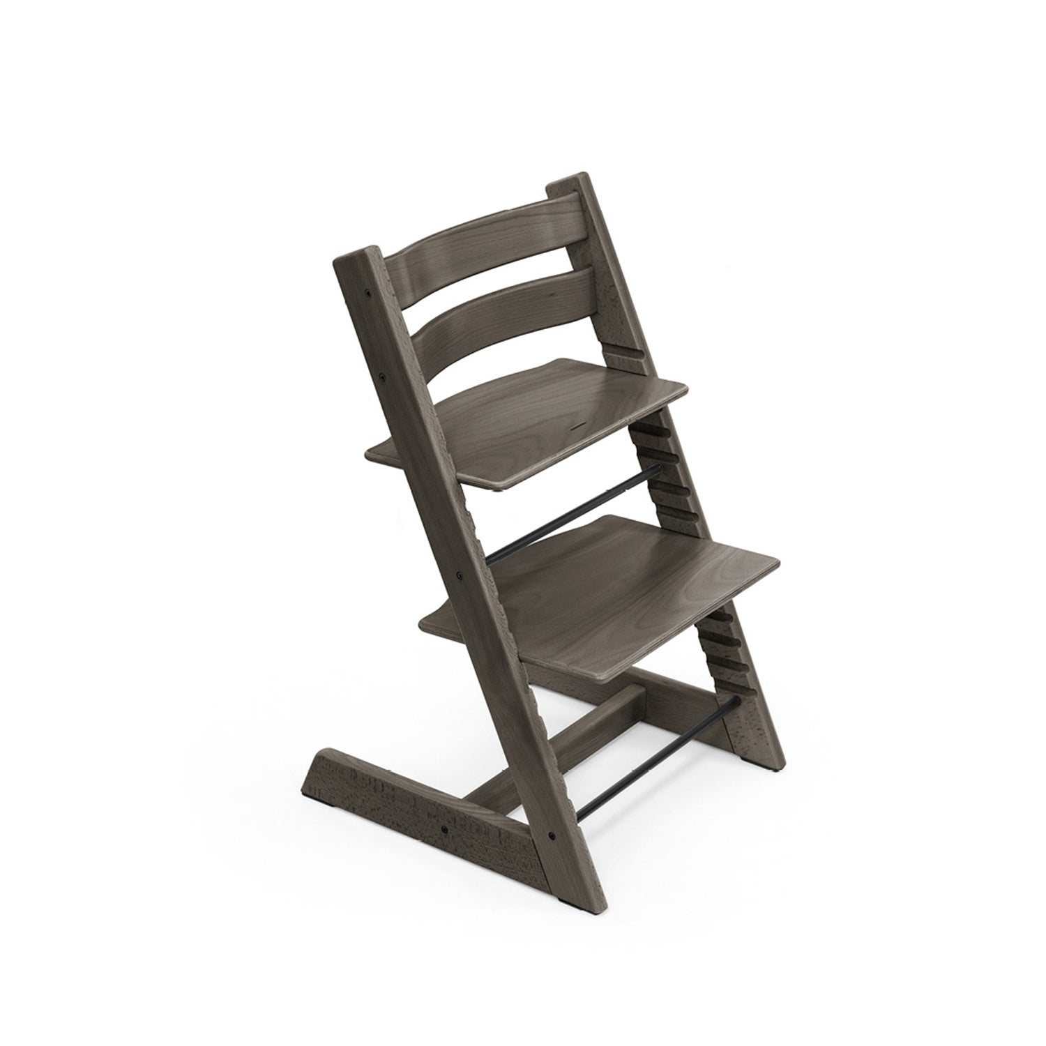 Gray wooden adjustable high chair on white background.