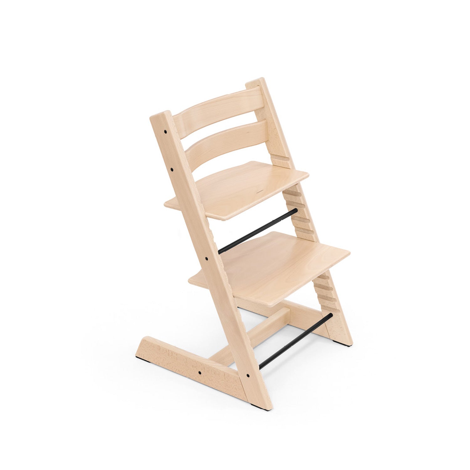 Natural wood high chair with adjustable seat and footrest.