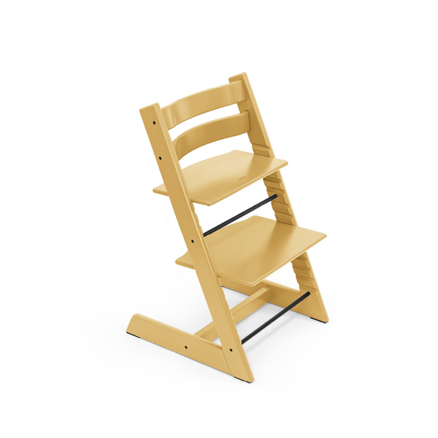 Golden wooden high chair with adjustable seat and footrest stands against a white background.