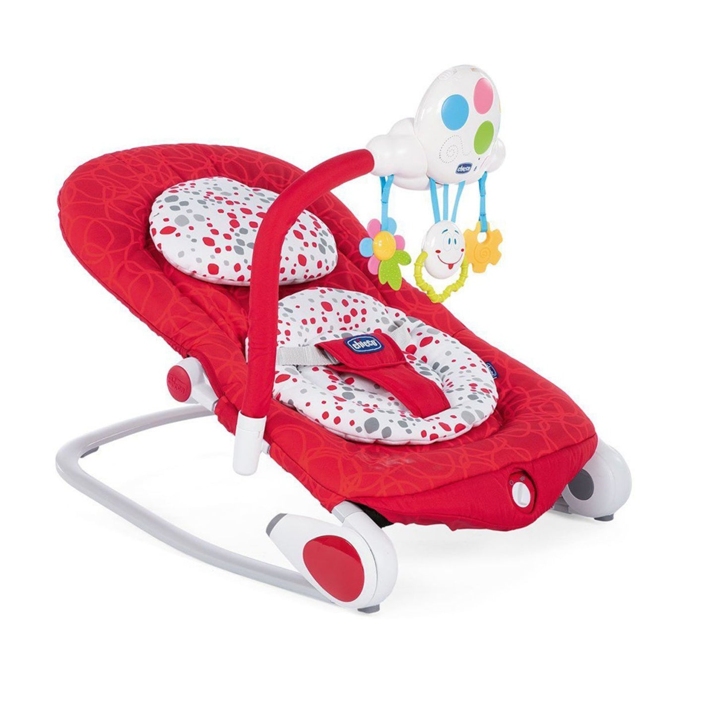 Red and white polka dot baby bouncer chair with overhead toy bar featuring colorful hanging toys.
