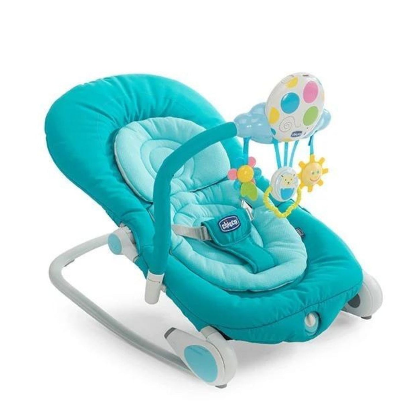 Teal baby bouncer with attached mobile featuring a hot air balloon and smiling sun.