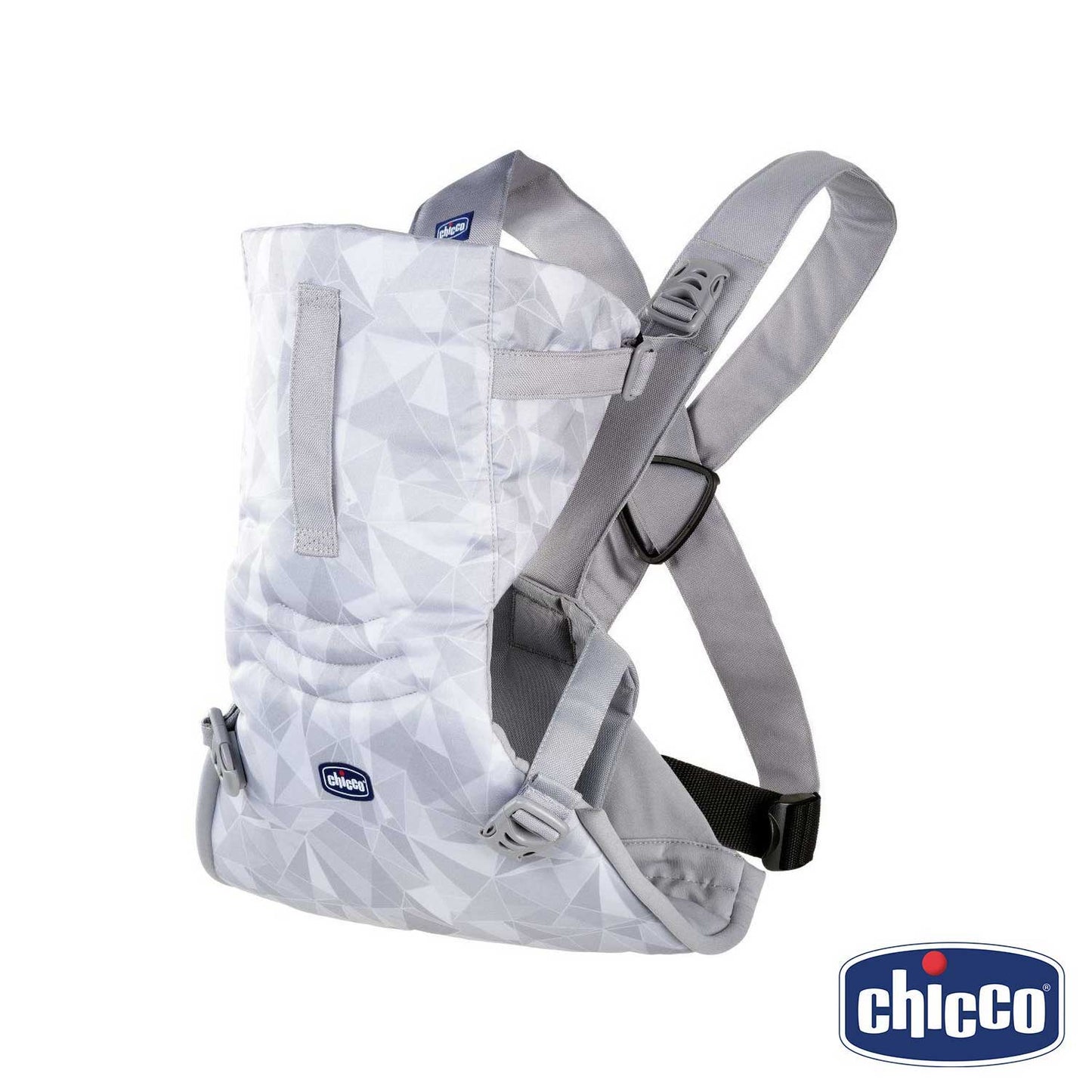 Chicco baby carrier in a modern geometric gray and white pattern.