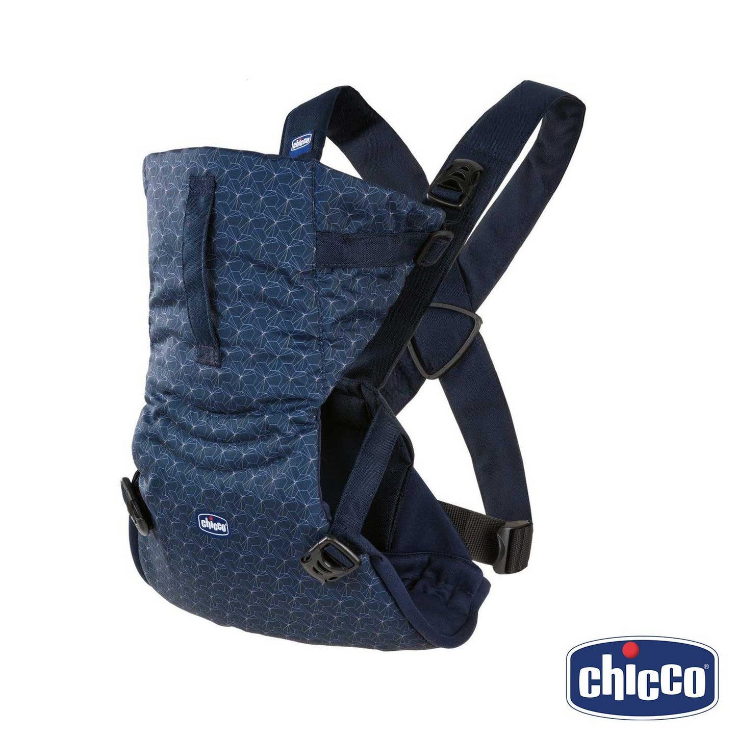 Chicco baby carrier in navy blue with a geometric pattern.