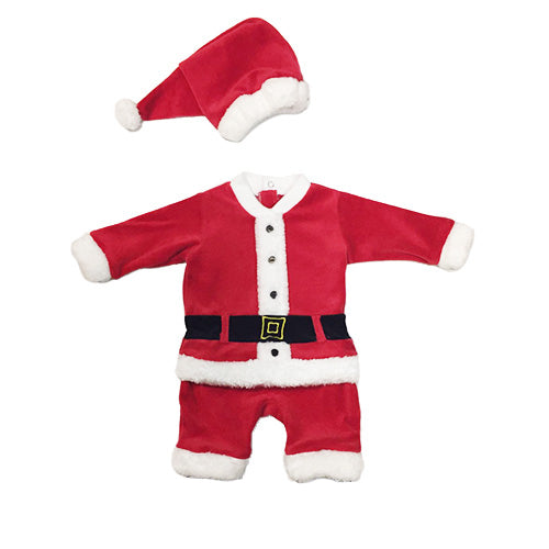 Red velvet Santa Claus costume for babies with white faux fur trim and matching hat.