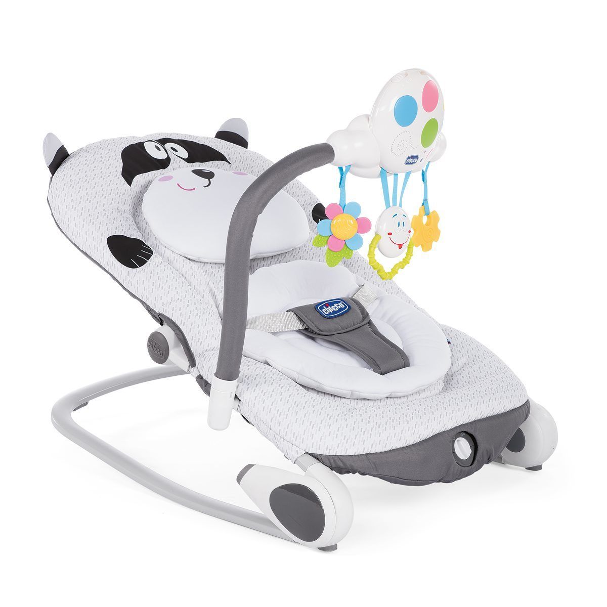 Gray raccoon-themed baby bouncer with overhead mobile featuring colorful toys.