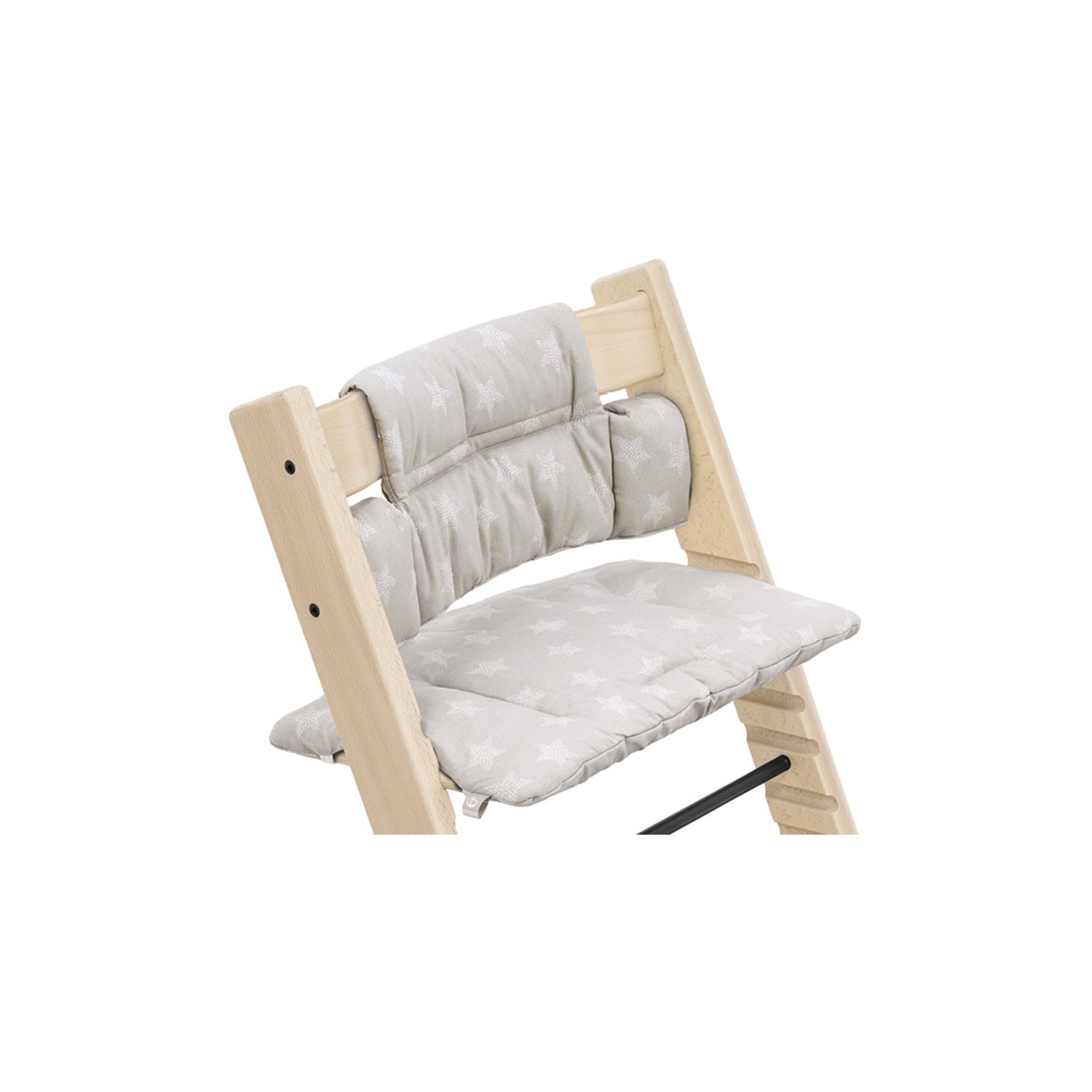 Wooden high chair with grey star-patterned seat cushion and back support for comfortable infant feeding.