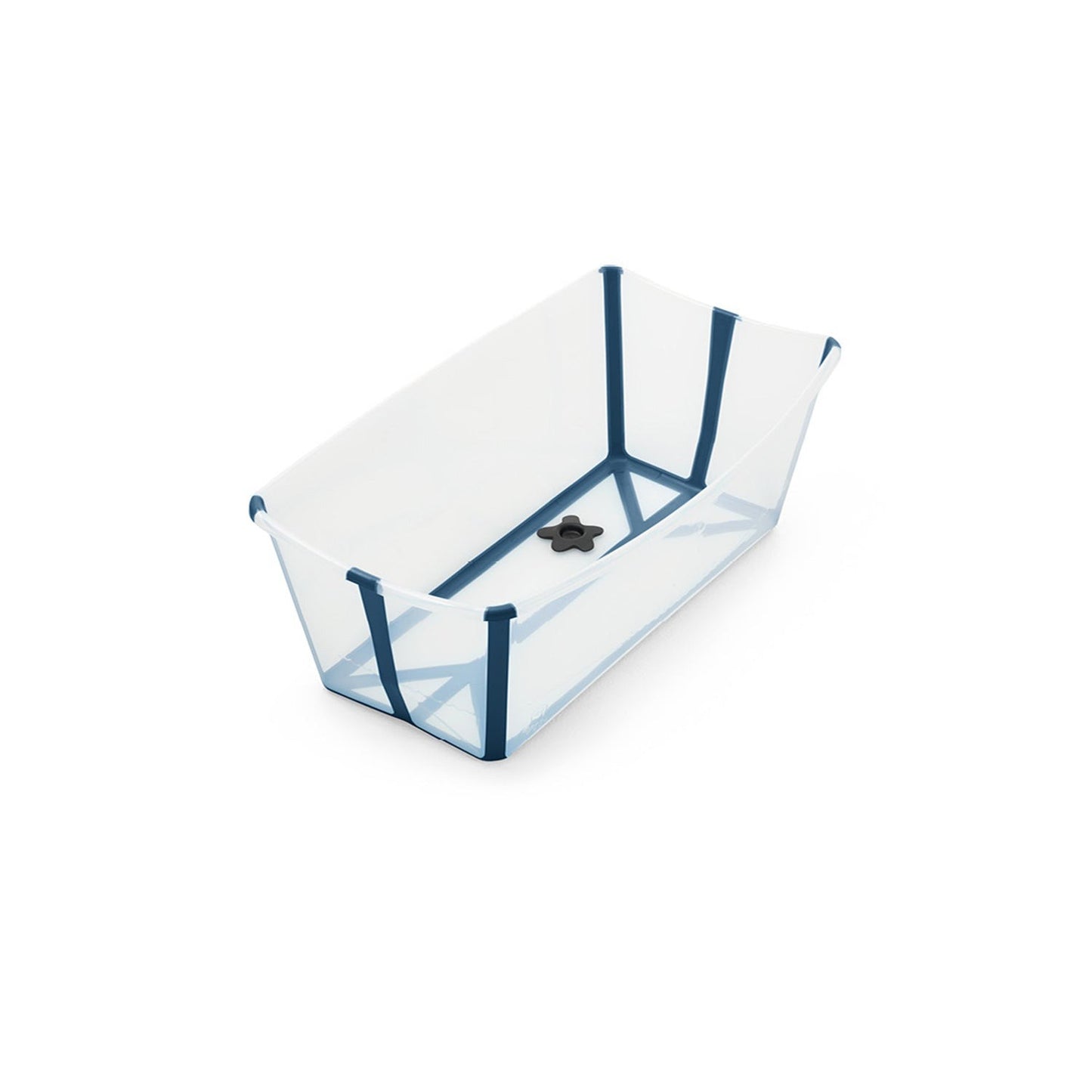 Clear plastic baby bathtub with blue trim and a black drain plug.