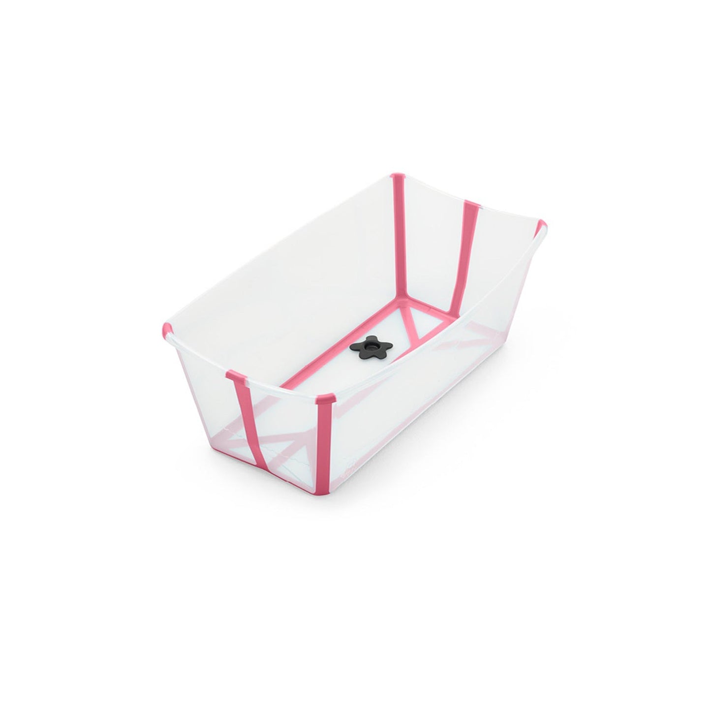 Empty white and pink plastic baby bathtub with drain plug.
