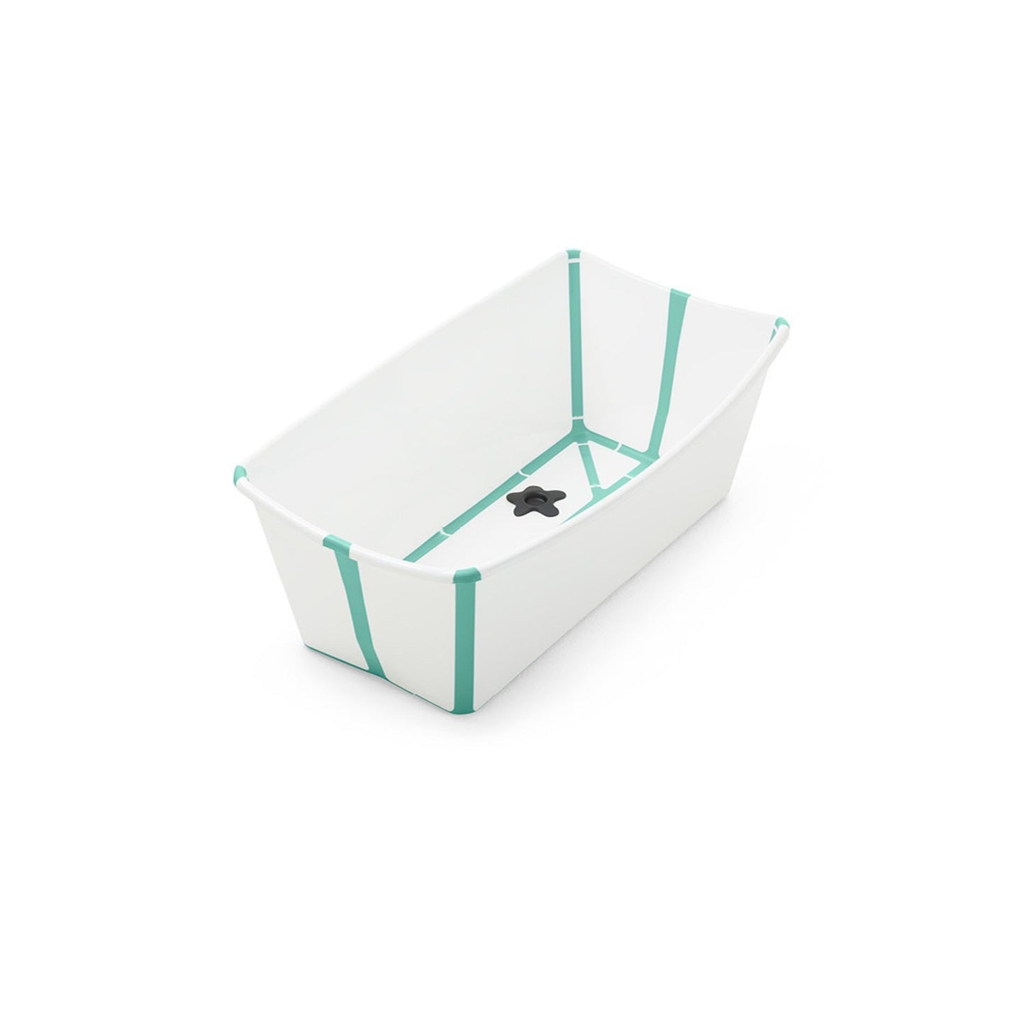 White baby bathtub with teal accents displays on a white background.