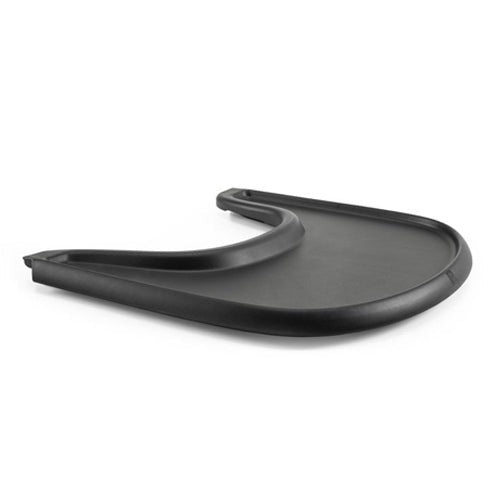 Black plastic high chair food tray angled view.