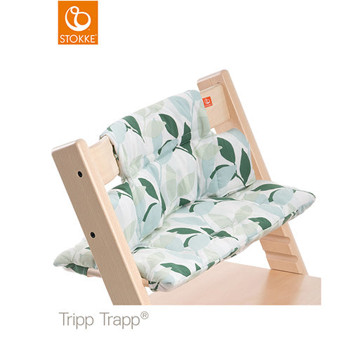 Stokke Tripp Trapp high chair fitted with a green and white botanical print cushion set.