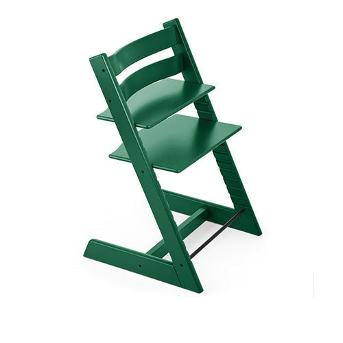 Forest green adjustable wooden high chair with footrest, perfect for babies and toddlers at mealtime.