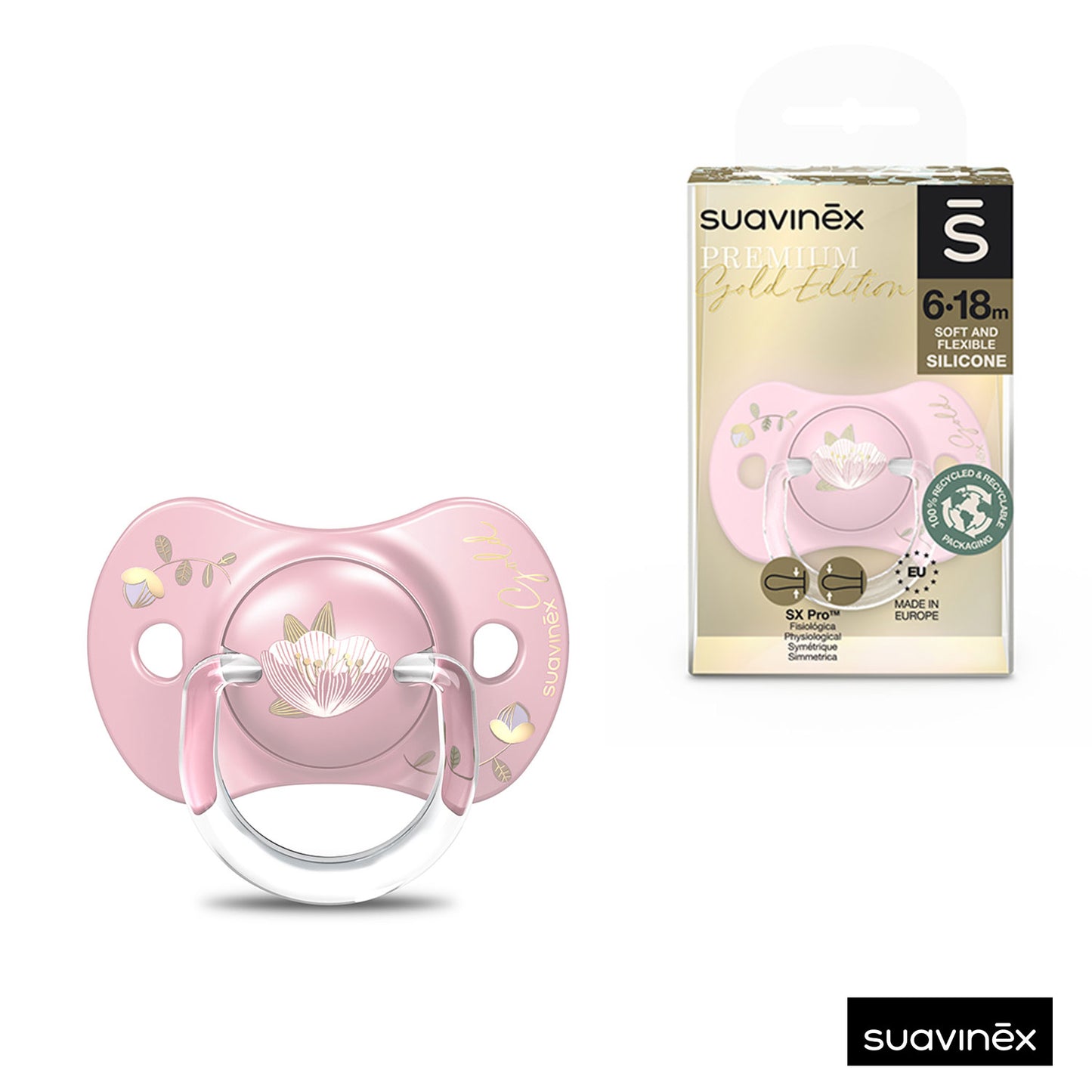 Suavinex - Succhietto 6-18 mesi con tettina simmetrica SX pro Gold Edition