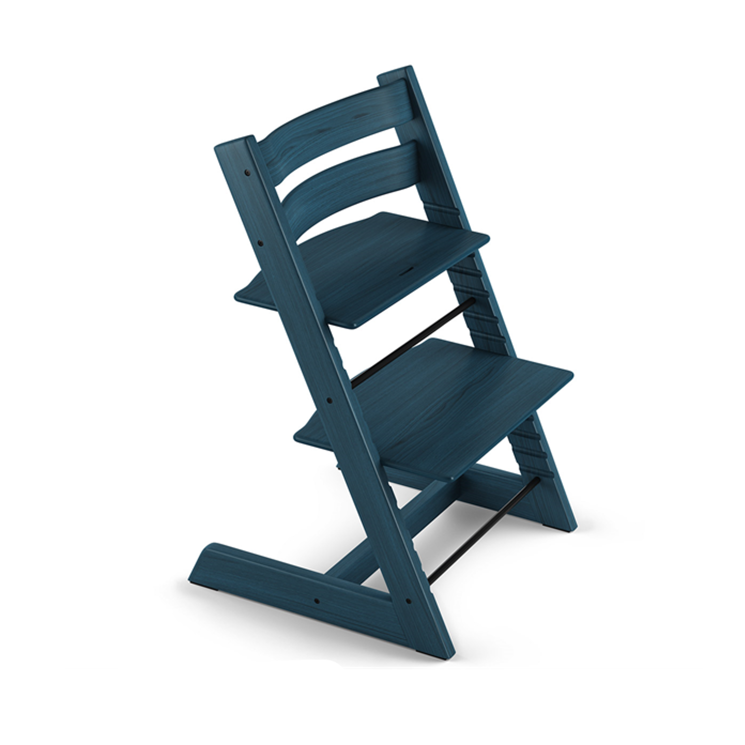 A navy blue wooden high chair with adjustable seat and footrest stands at an angle.