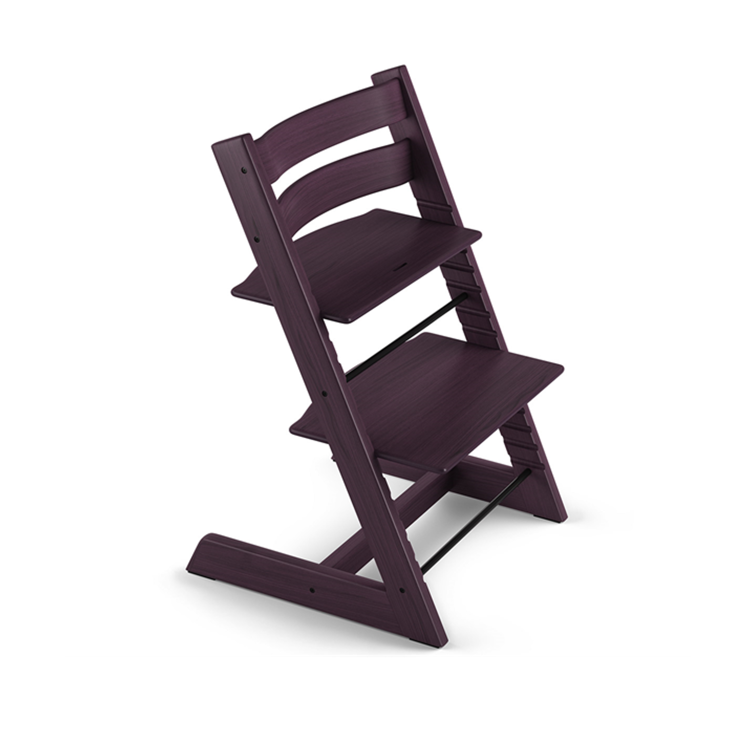 Dark purple wooden high chair with adjustable seat and footrest.