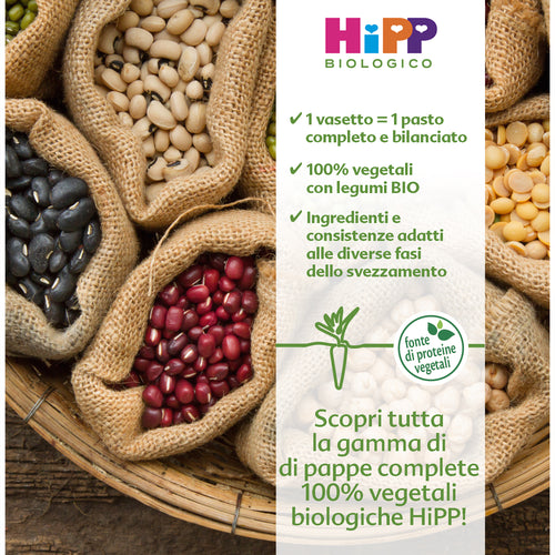 Assortment of HiPP organic baby food showcasing a variety of legumes in burlap sacks. 
