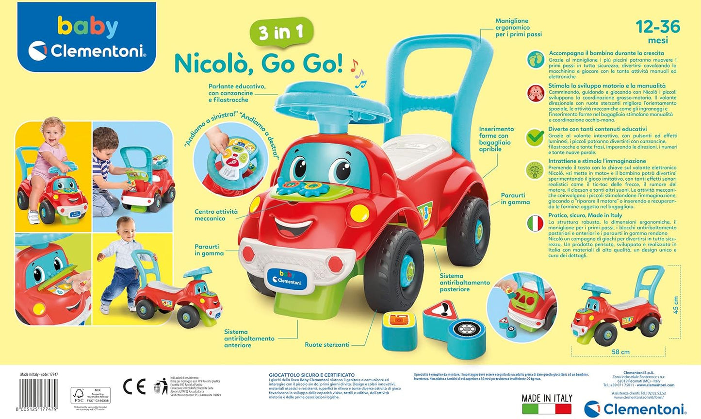 Clementoni - Baby Ride-on Car 3 in 1 NicoloÌ Go Go 17747