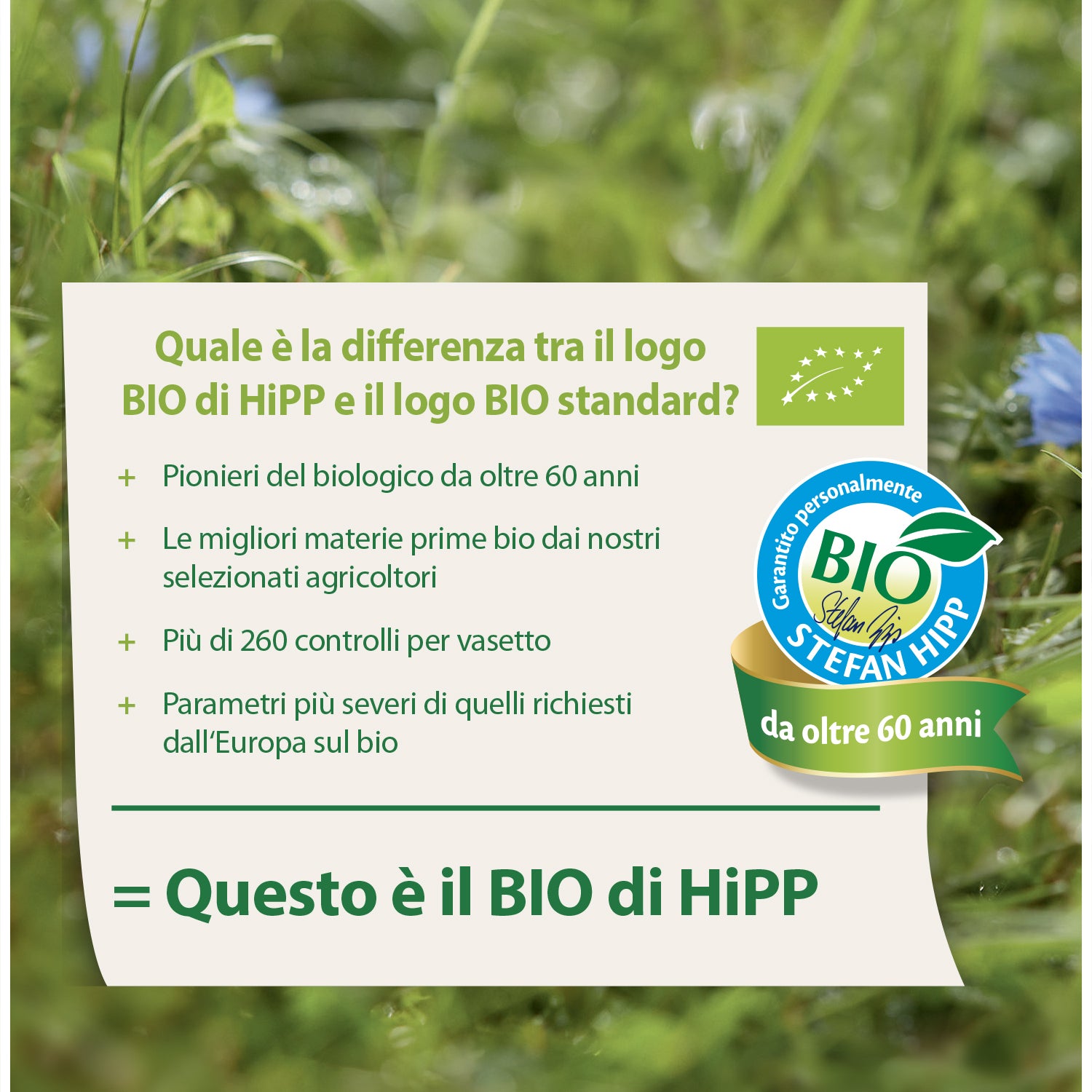 HiPP Organic Logo highlighting the brand's 60+ years of organic leadership, use of the highest quality ingredients, over 260 quality checks, and standards exceeding EU organic requirements. 
