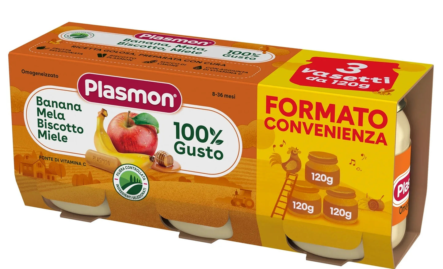 Plasmon - Omogeneizzato Frutta Banana-Mela-Biscotto-Miele:Confezione 3x120 gr