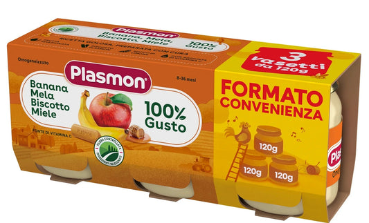 Plasmon - Omogeneizzato Frutta Banana-Mela-Biscotto-Miele:Confezione 3x120 gr