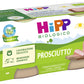 Four jars of HiPP organic baby food with prosciutto, suitable for babies 4+ months, are displayed against a green and white background. 
