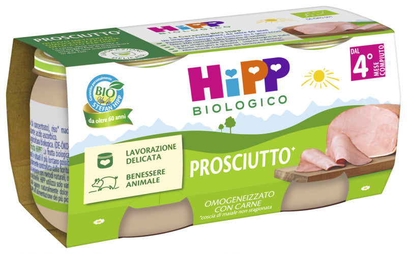 Four jars of HiPP organic baby food with prosciutto, suitable for babies 4+ months, are displayed against a green and white background. 

