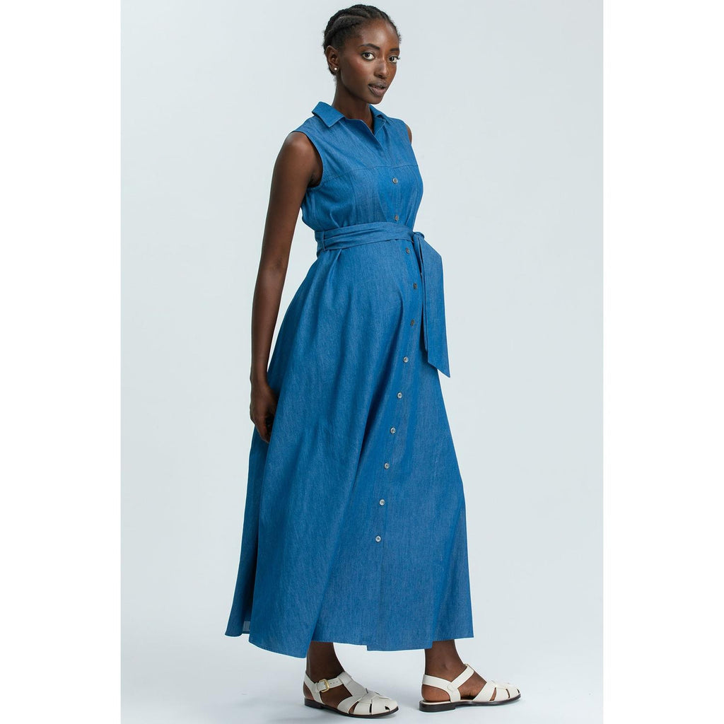 ALBA - Maxi Abito Premaman Smanicato in Cotone Tecnico Blu Denim