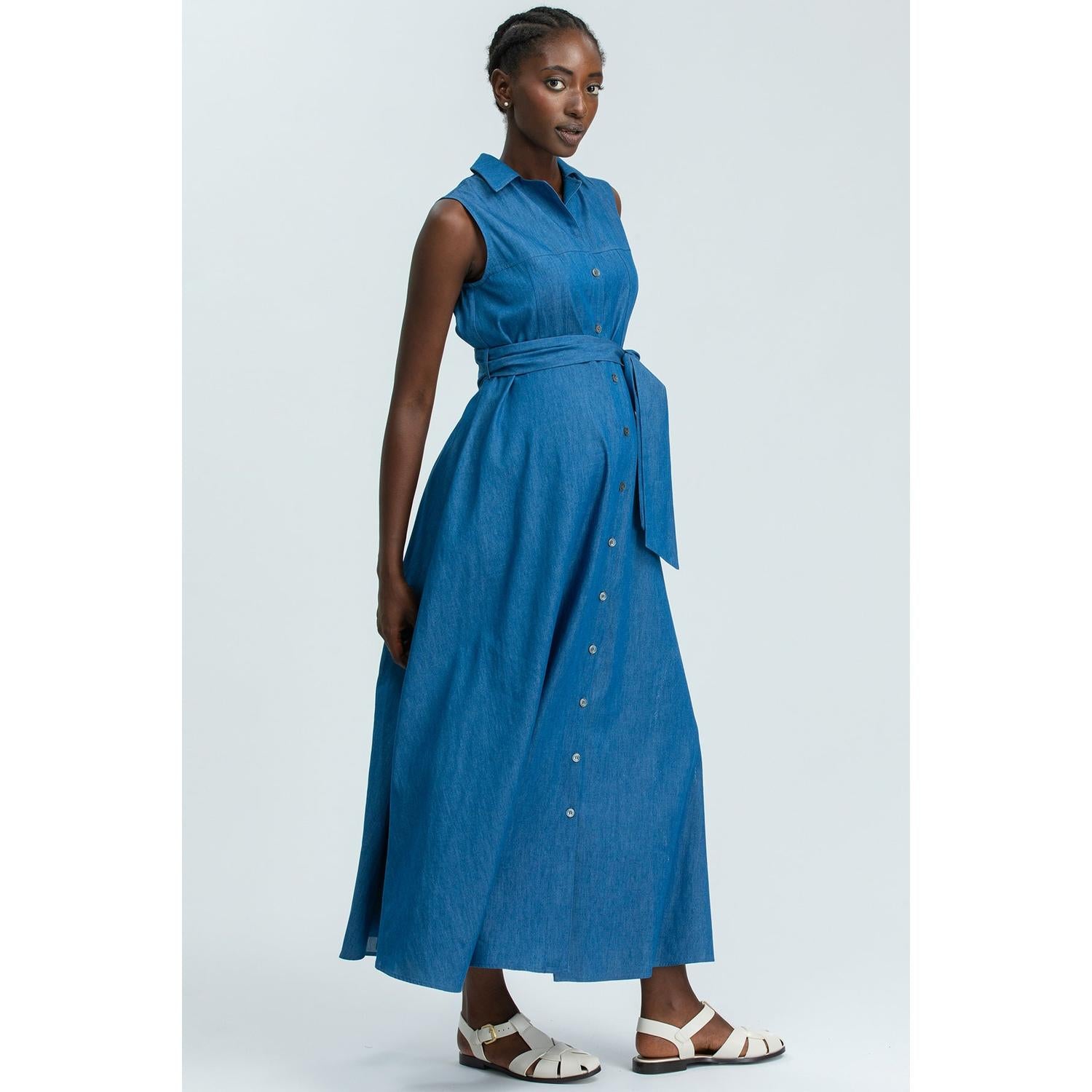 ALBA - Maxi Abito Premaman Smanicato in Cotone Tecnico Blu Denim